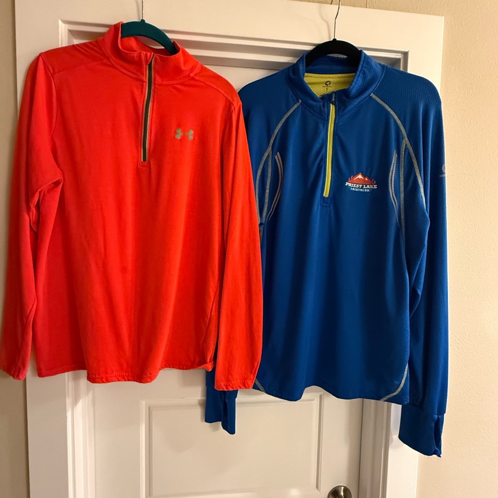 Men’s size medium 1/4 zip pullover. Under Armour and priest lake Triathlon